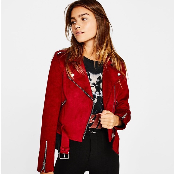 red biker jacket suede